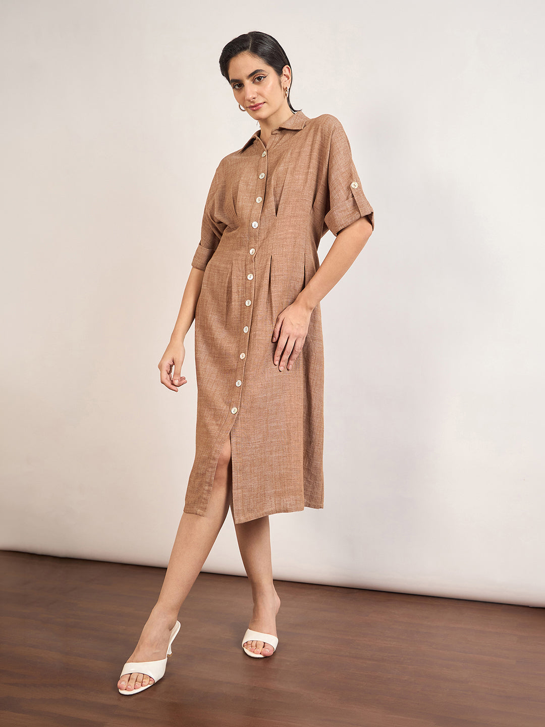 Tan Linen Viscose Fit & Flare Dress