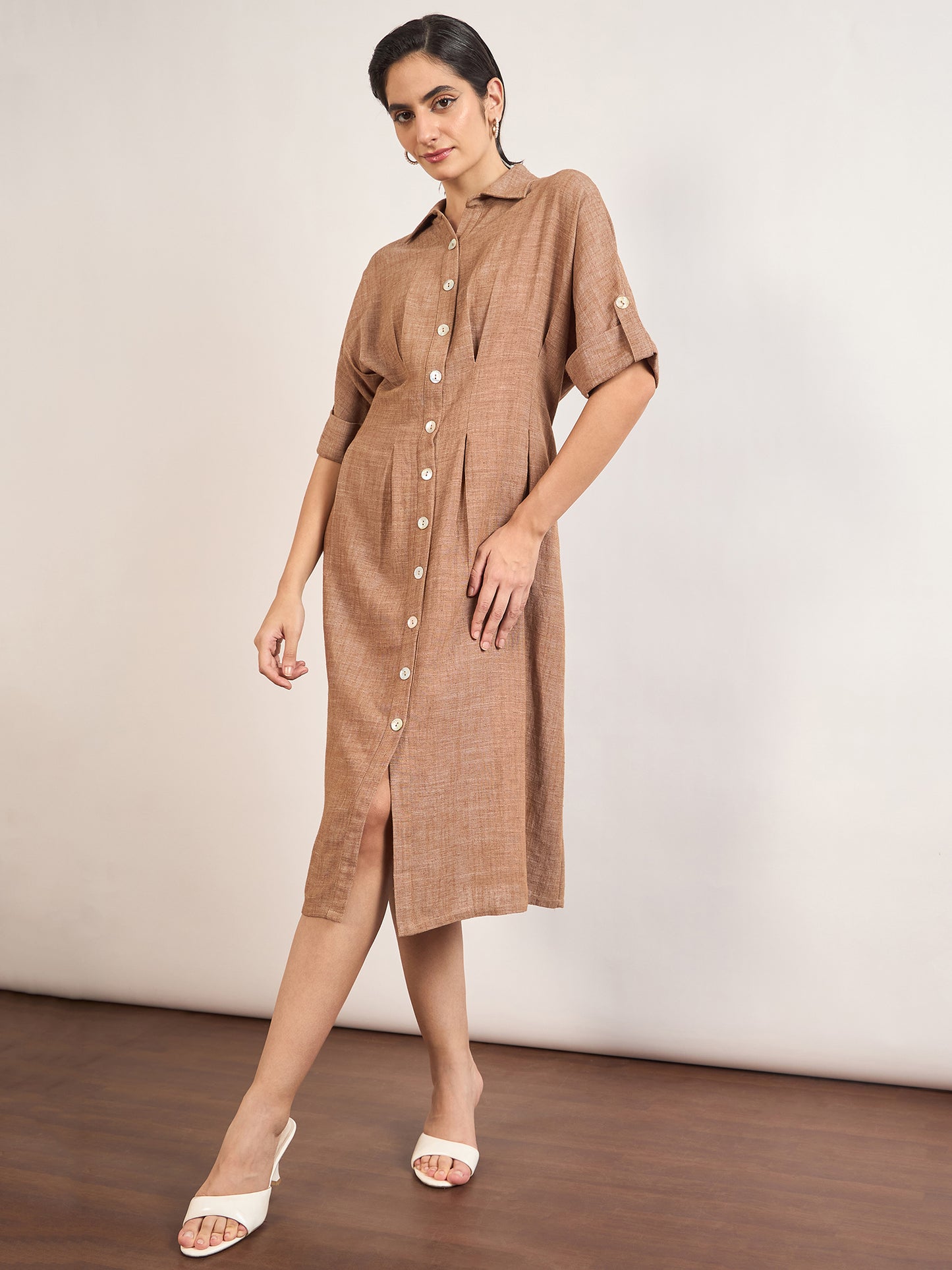 Tan Linen Viscose Fit & Flare Dress
