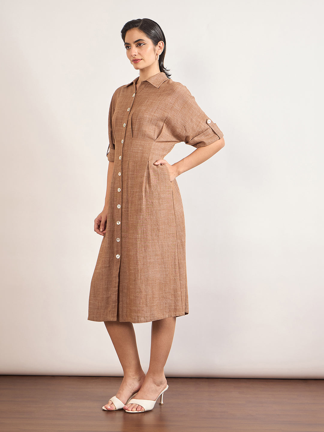 Tan Linen Viscose Fit & Flare Dress