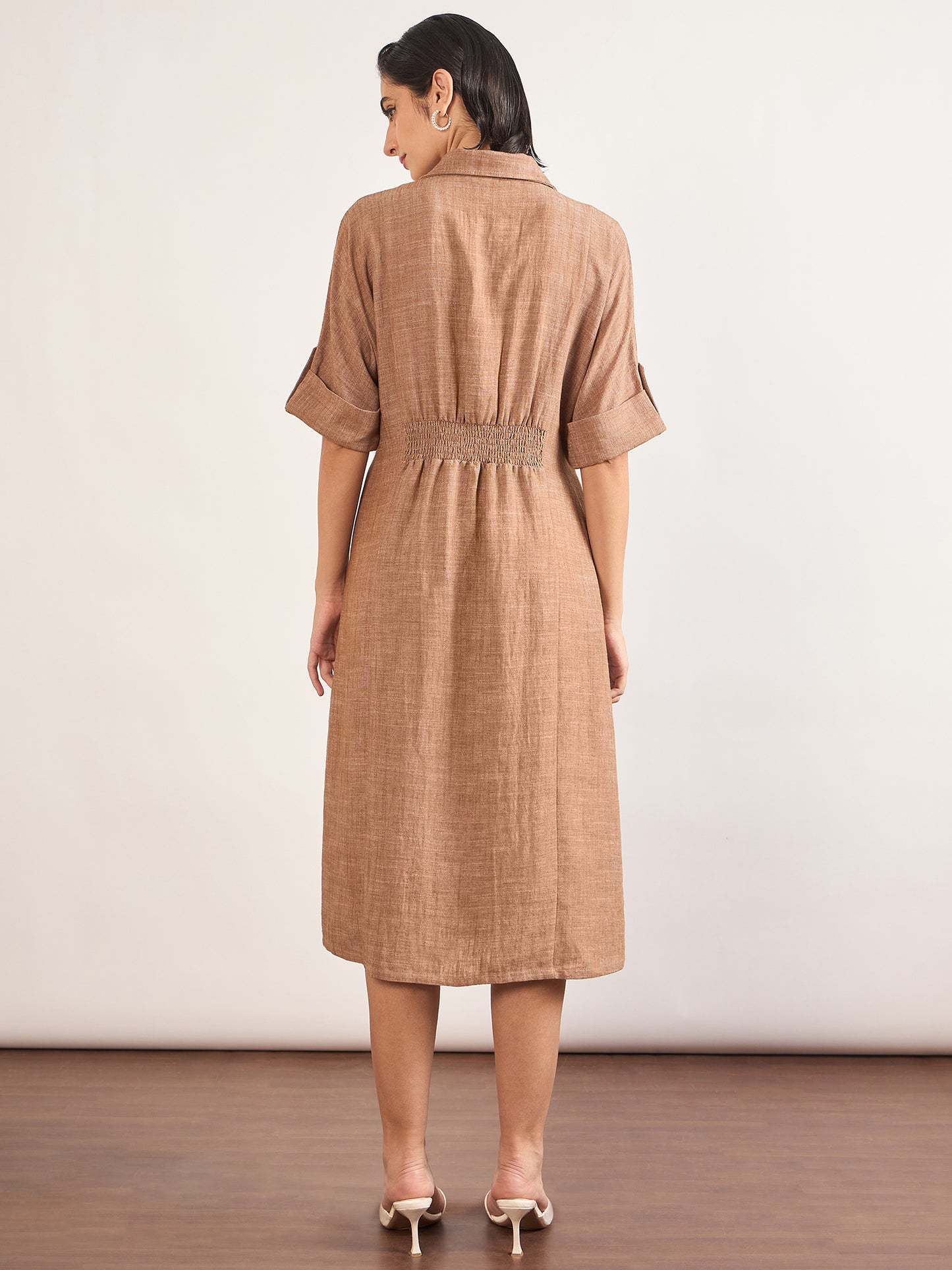 Tan Linen Viscose Fit & Flare Dress