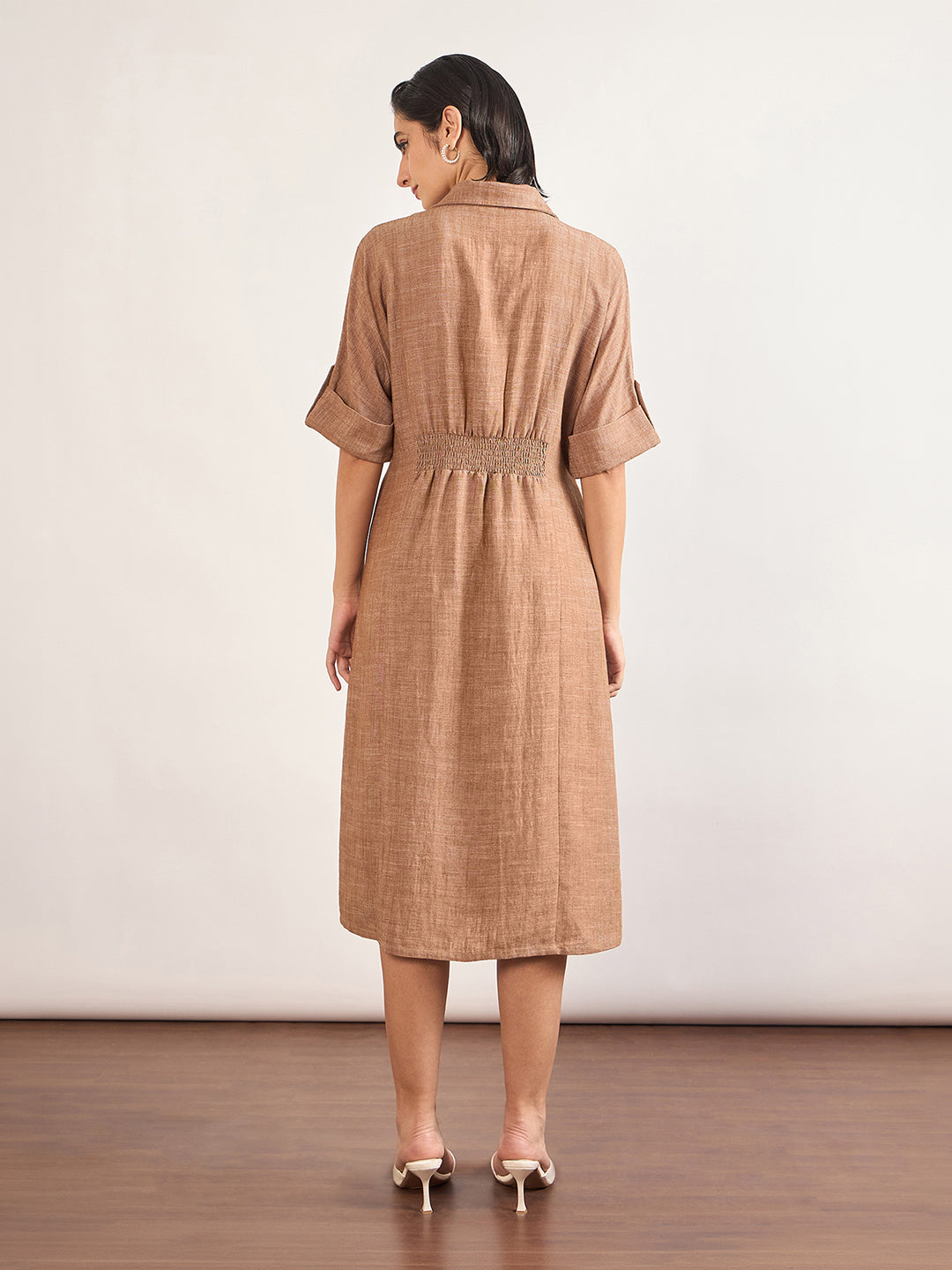 Tan Linen Viscose Fit & Flare Dress