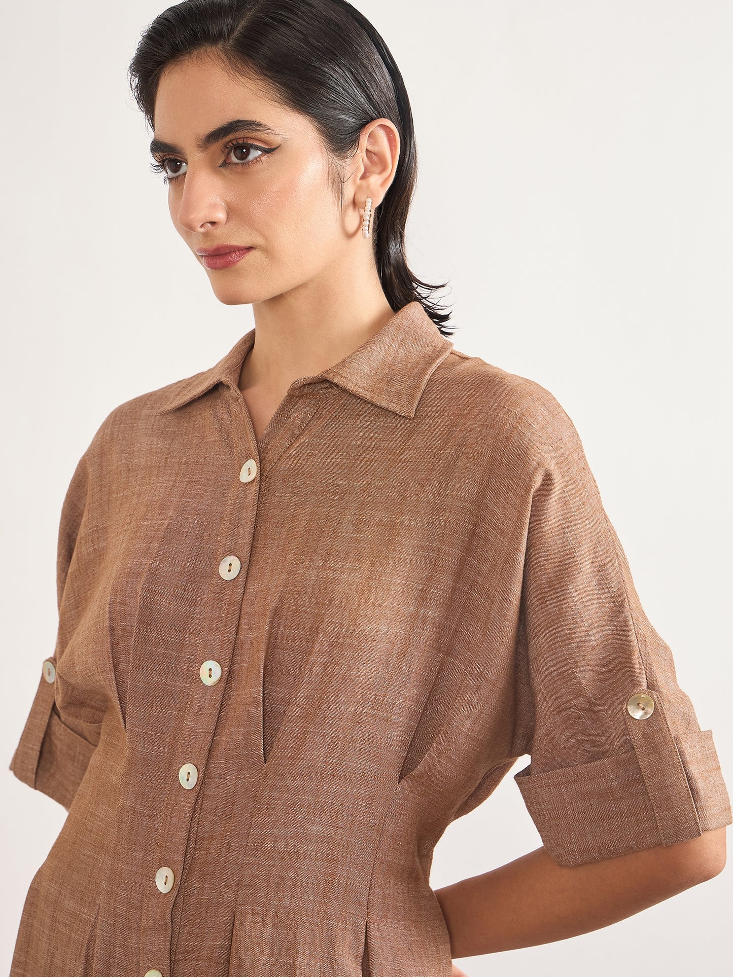 Tan Linen Viscose Fit & Flare Dress