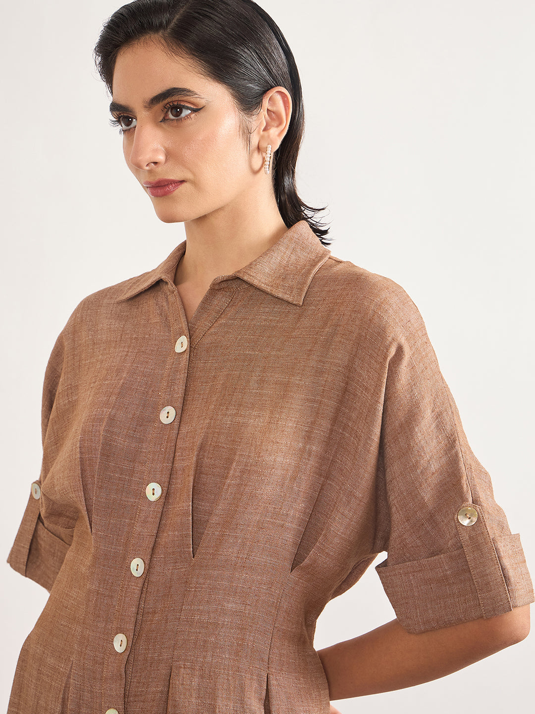 Tan Linen Viscose Fit & Flare Dress