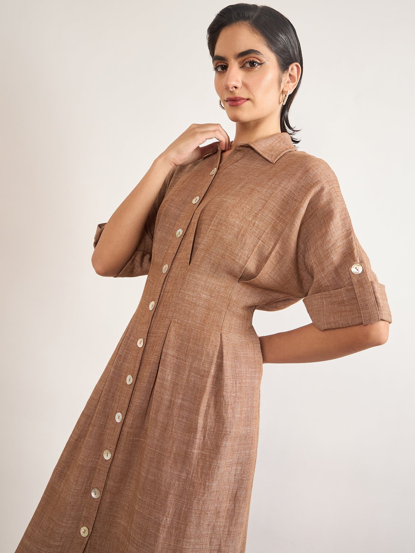 Tan Linen Viscose Fit & Flare Dress