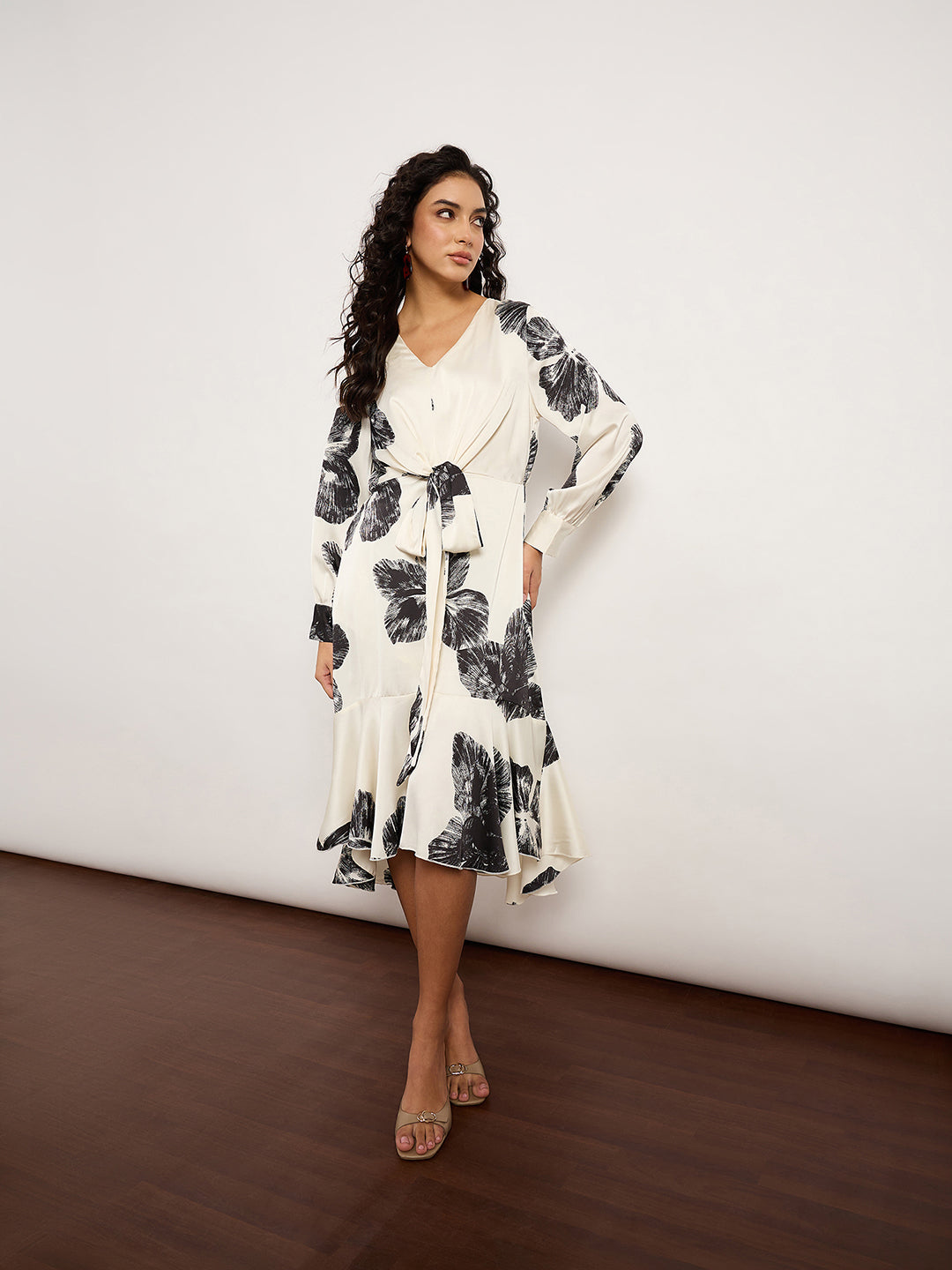 Black & White Satin Wrap Dress With V-Neckline, Self-Tie Waist