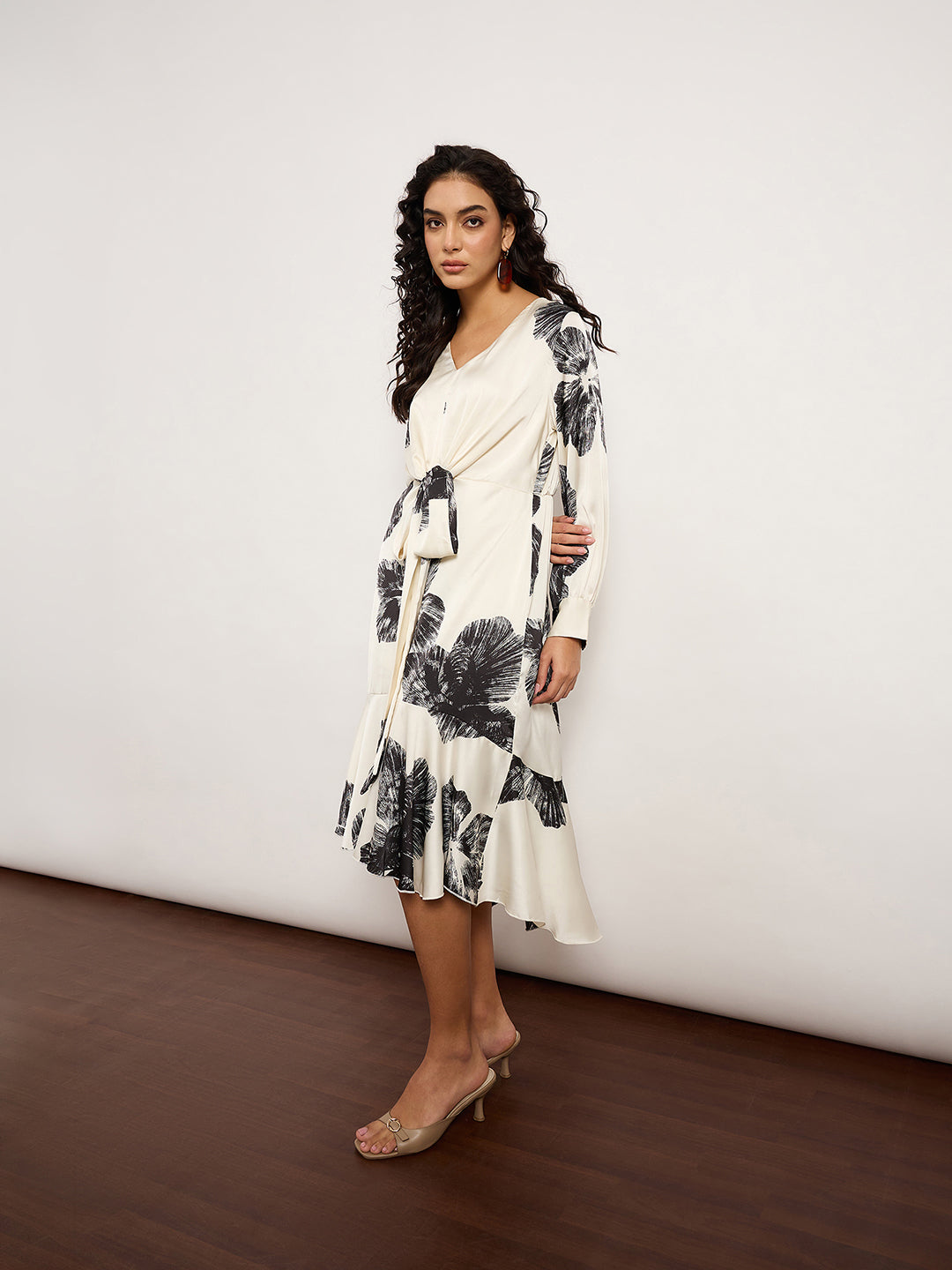 Black & White Satin Wrap Dress With V-Neckline, Self-Tie Waist