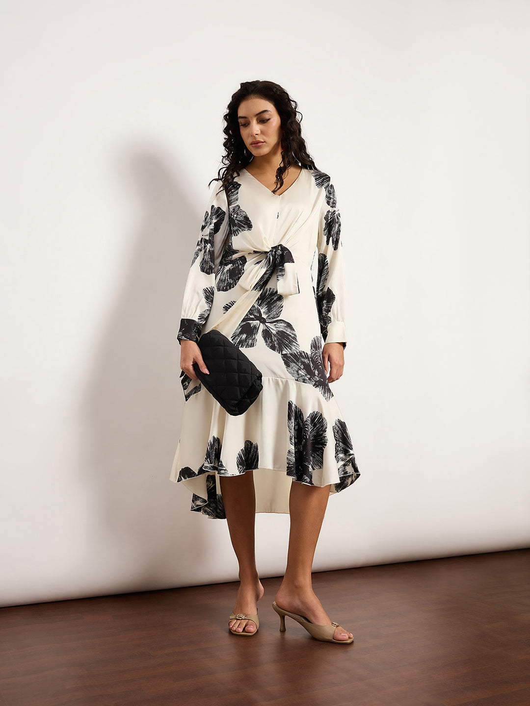 Black & White Satin Wrap Dress With V-Neckline, Self-Tie Waist