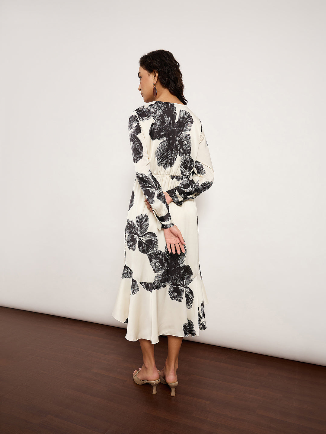 Black & White Satin Wrap Dress With V-Neckline, Self-Tie Waist