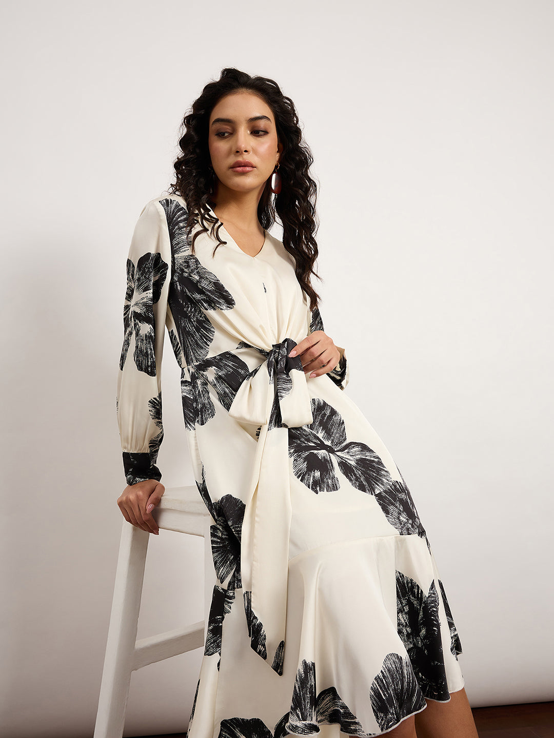 Black & White Satin Wrap Dress With V-Neckline, Self-Tie Waist