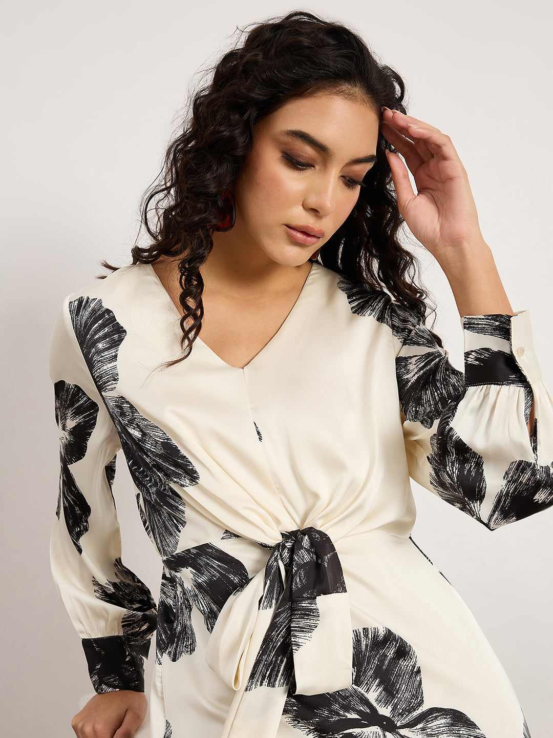 Black & White Satin Wrap Dress With V-Neckline, Self-Tie Waist