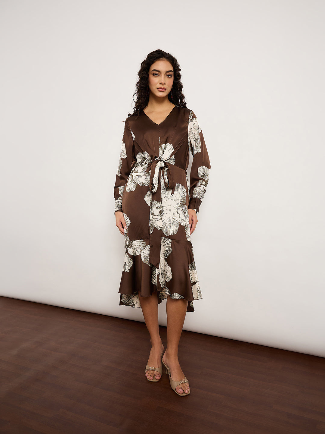 Coffee Satin Wrap Dress With V-Neckline, Self-Tie Waist