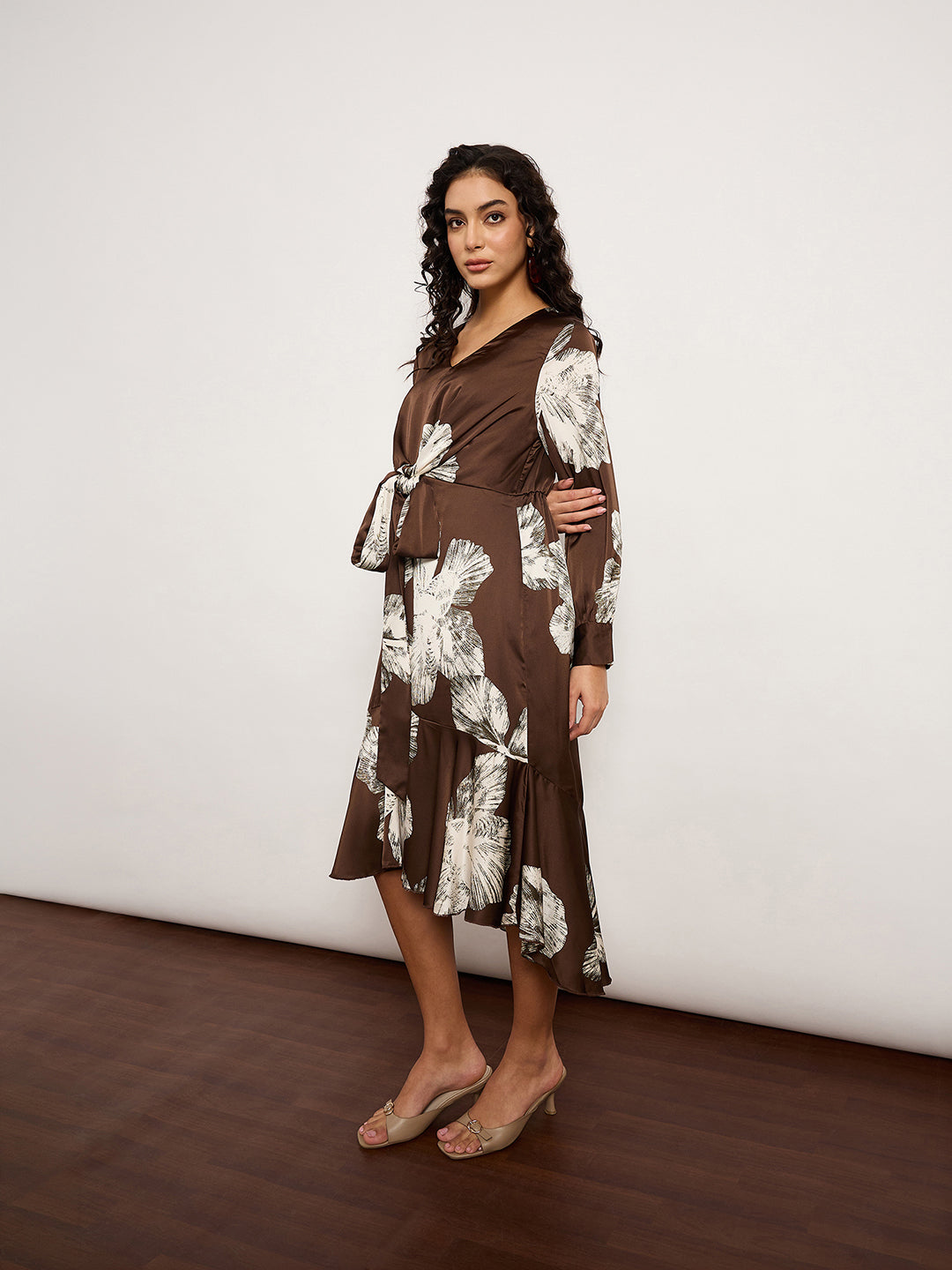 Coffee Satin Wrap Dress With V-Neckline, Self-Tie Waist