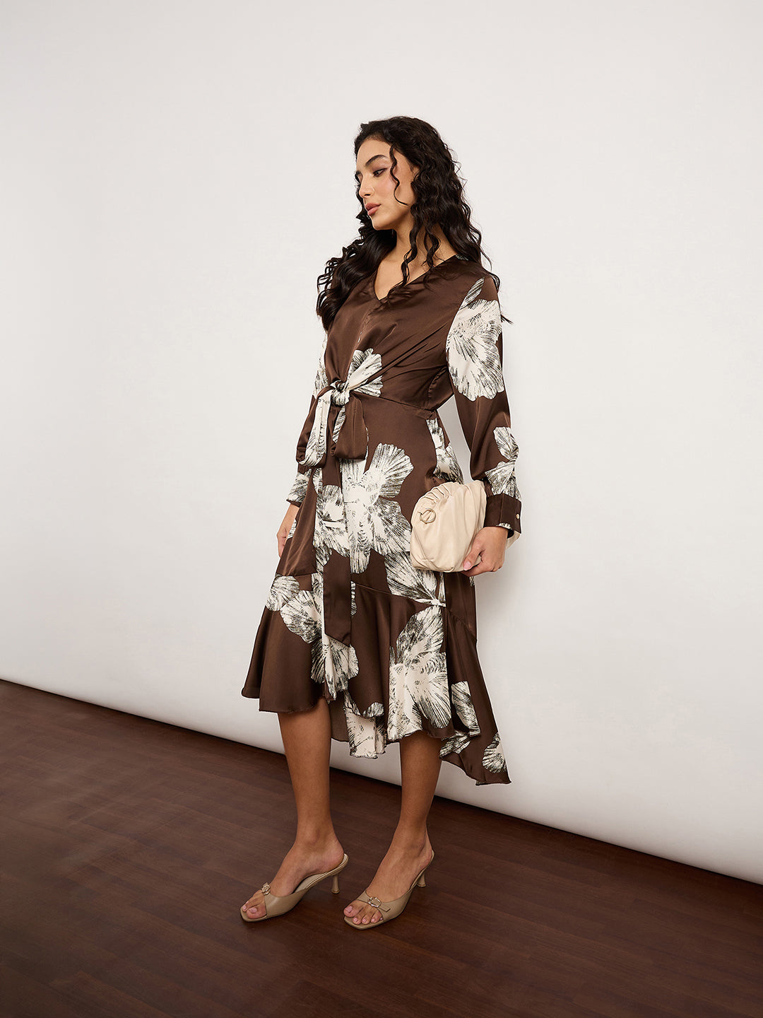 Coffee Satin Wrap Dress With V-Neckline, Self-Tie Waist