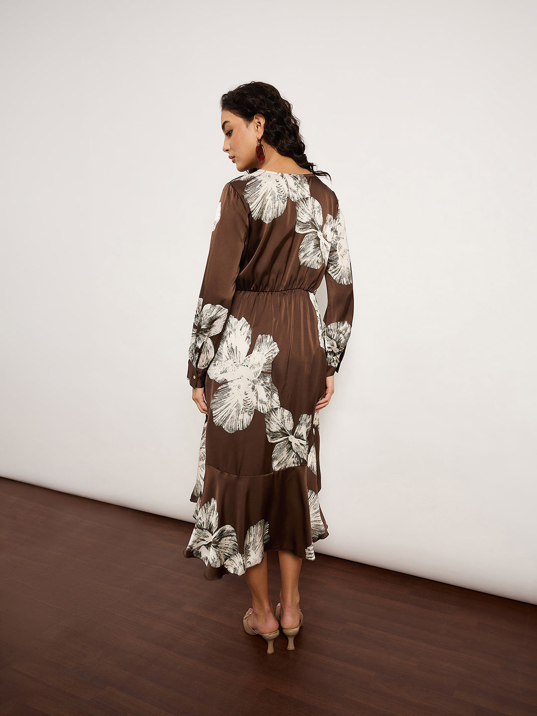 Coffee Satin Wrap Dress With V-Neckline, Self-Tie Waist