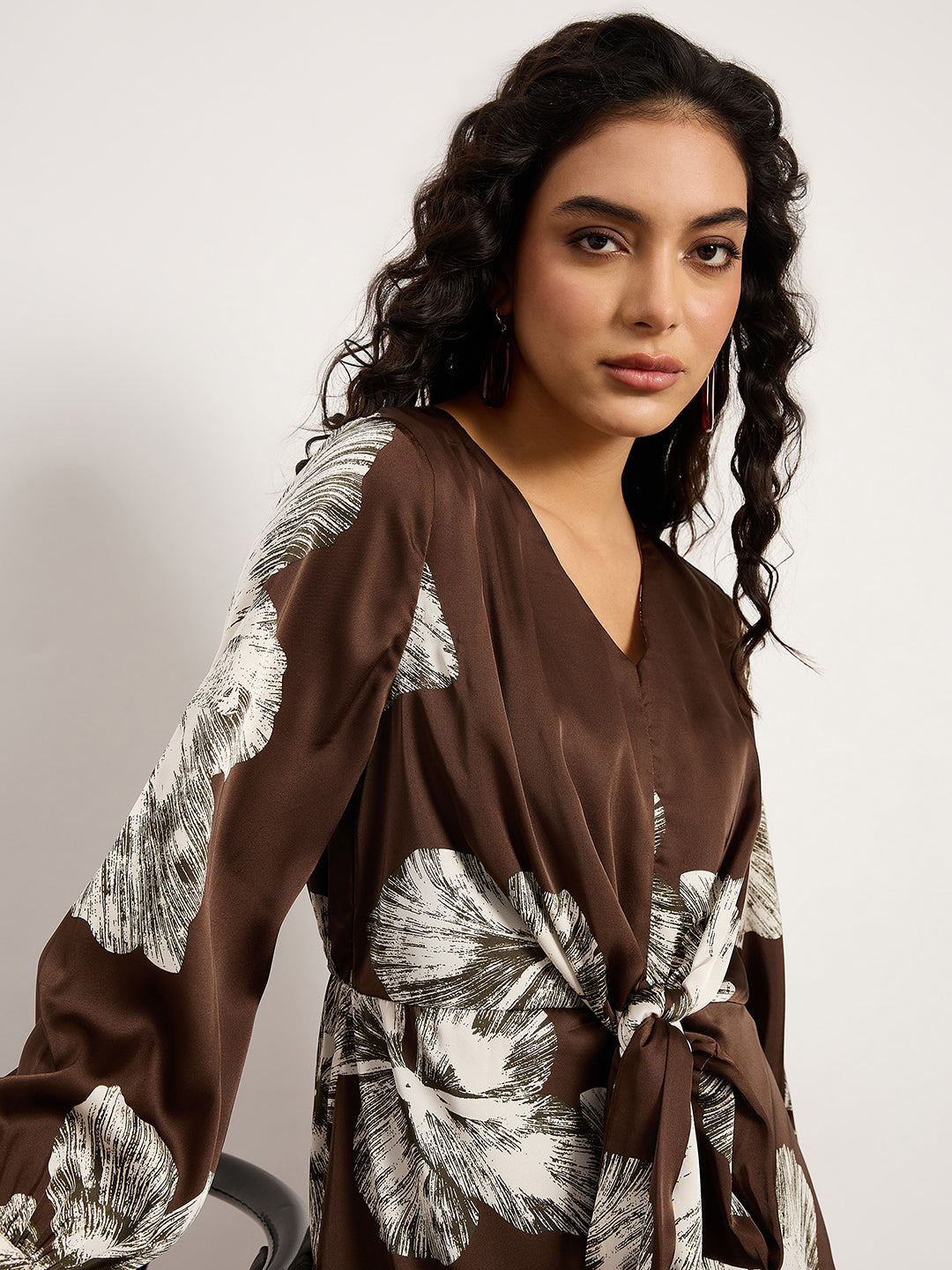 Coffee Satin Wrap Dress With V-Neckline, Self-Tie Waist