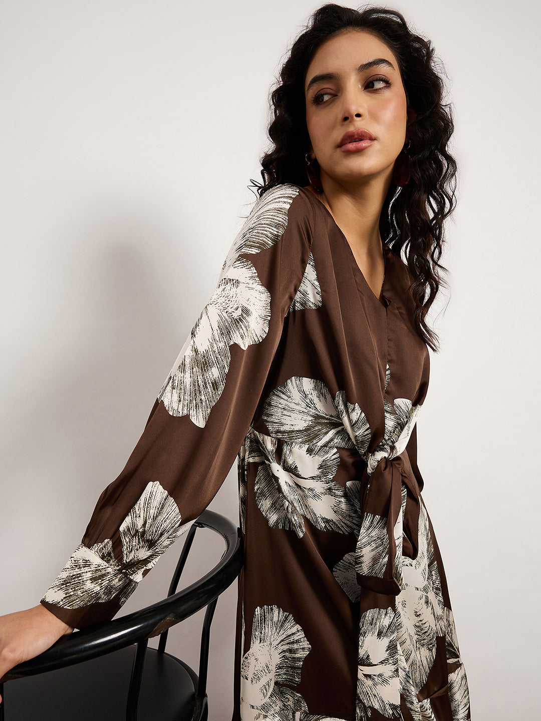Coffee Satin Wrap Dress With V-Neckline, Self-Tie Waist