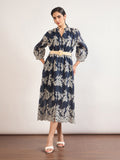 Navy Nylon Viscose A-Line Embroidery & Jute Belt Dress