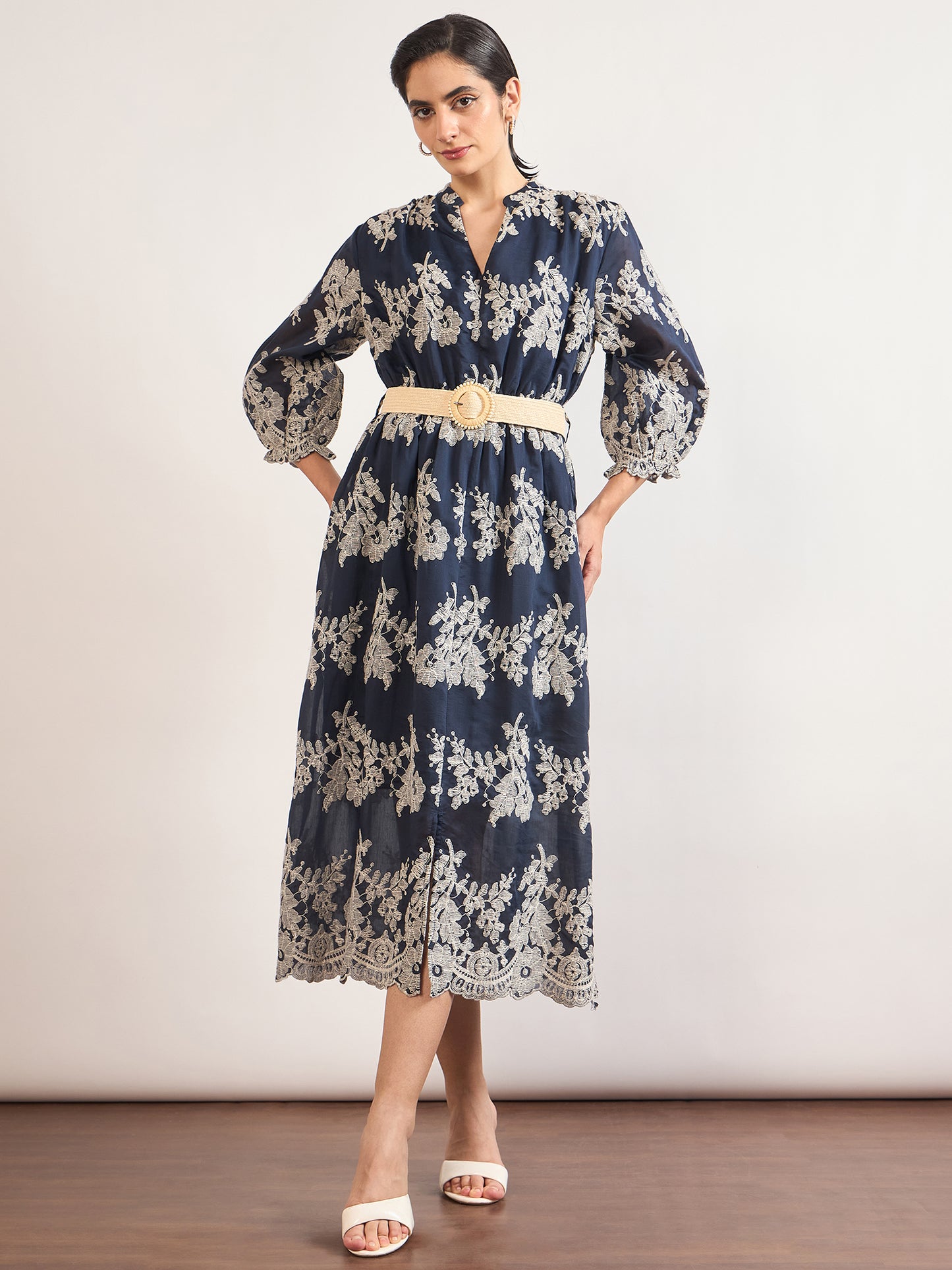 Navy Nylon Viscose A-Line Embroidery & Jute Belt Dress