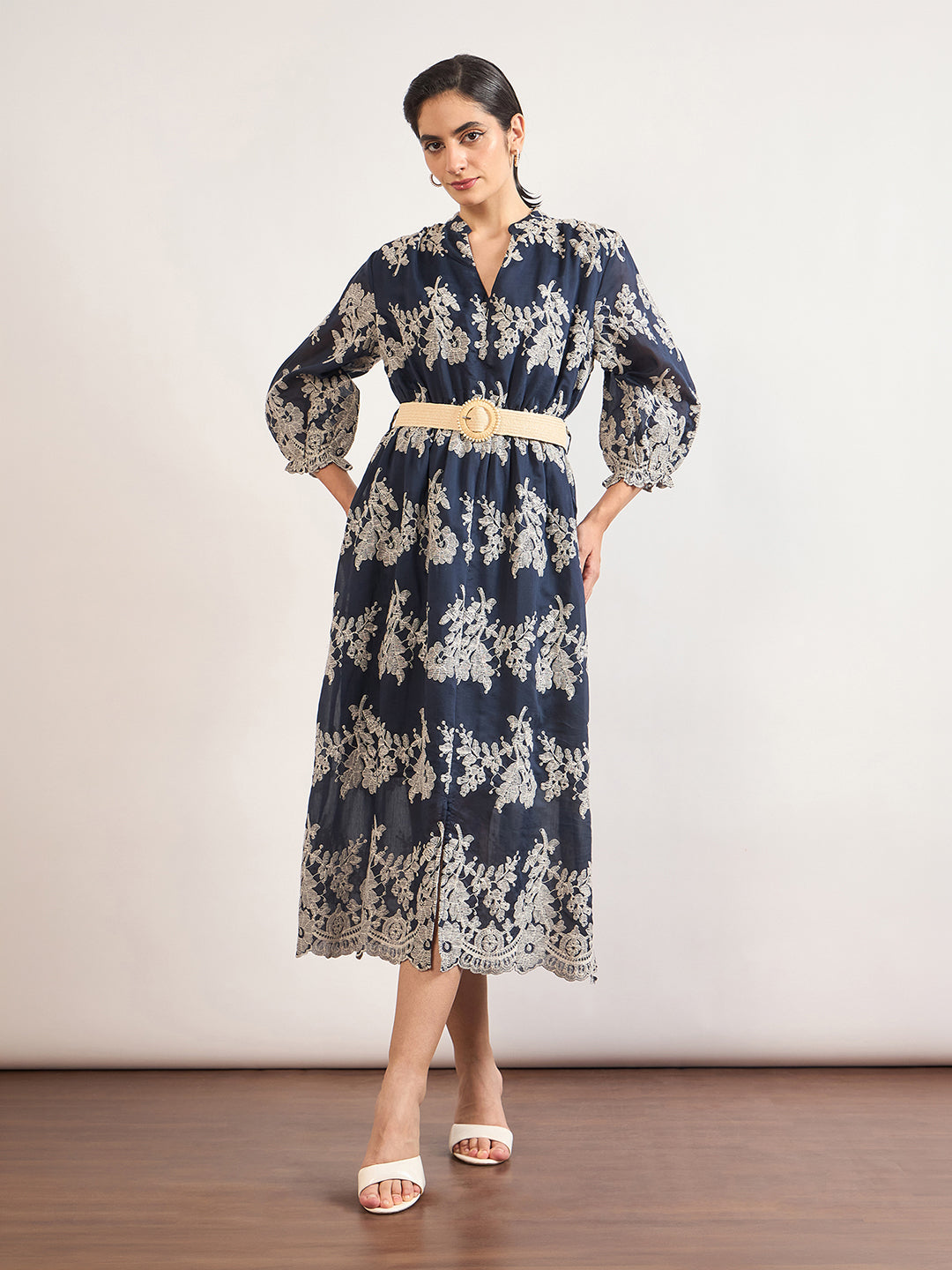 Navy Nylon Viscose A-Line Embroidery & Jute Belt Dress