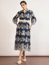 Navy Nylon Viscose A-Line Embroidery & Jute Belt Dress