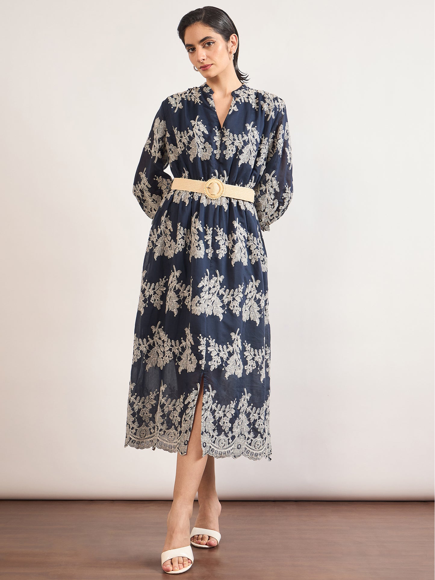 Navy Nylon Viscose A-Line Embroidery & Jute Belt Dress