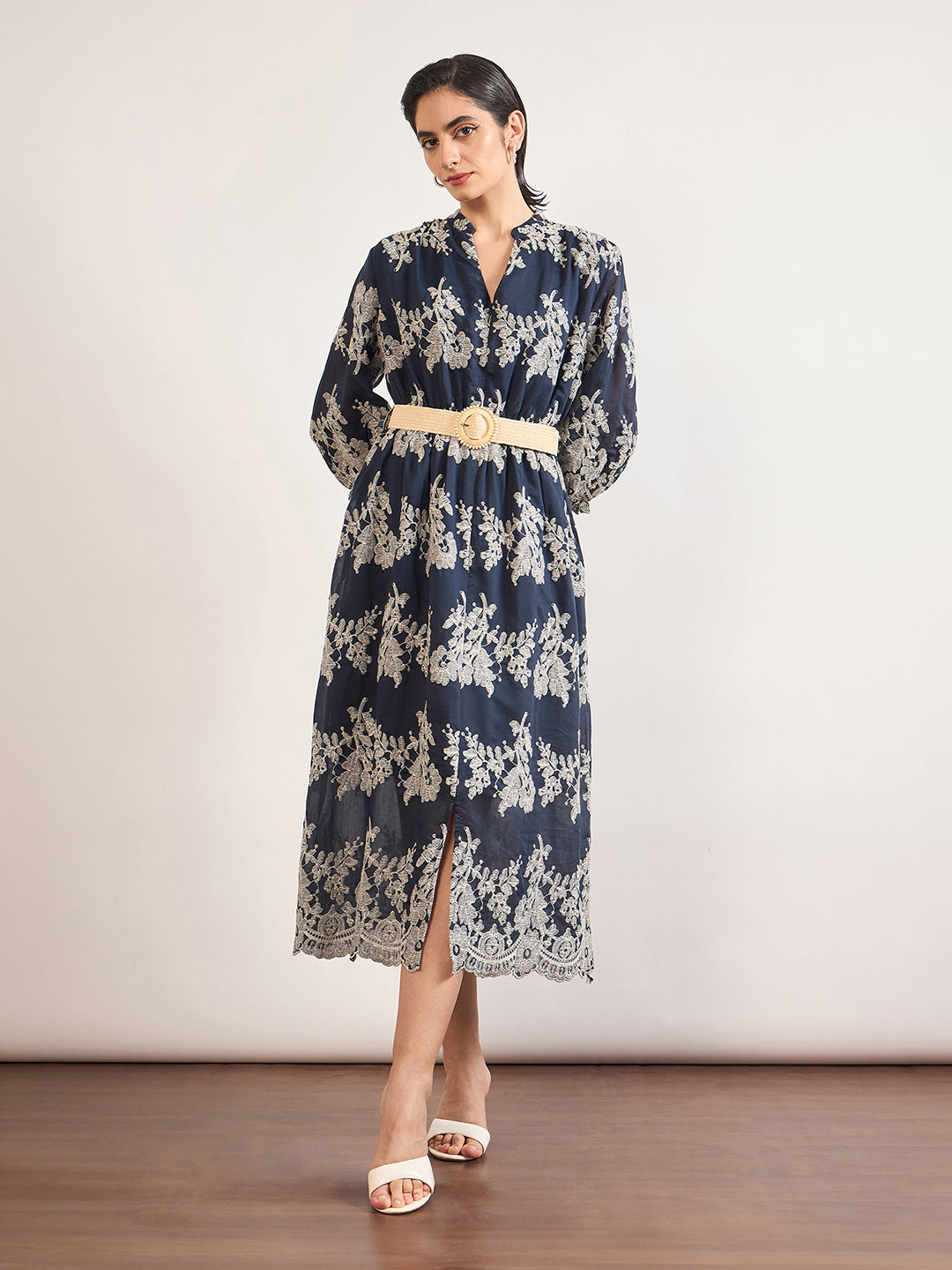 Navy Nylon Viscose A-Line Embroidery & Jute Belt Dress