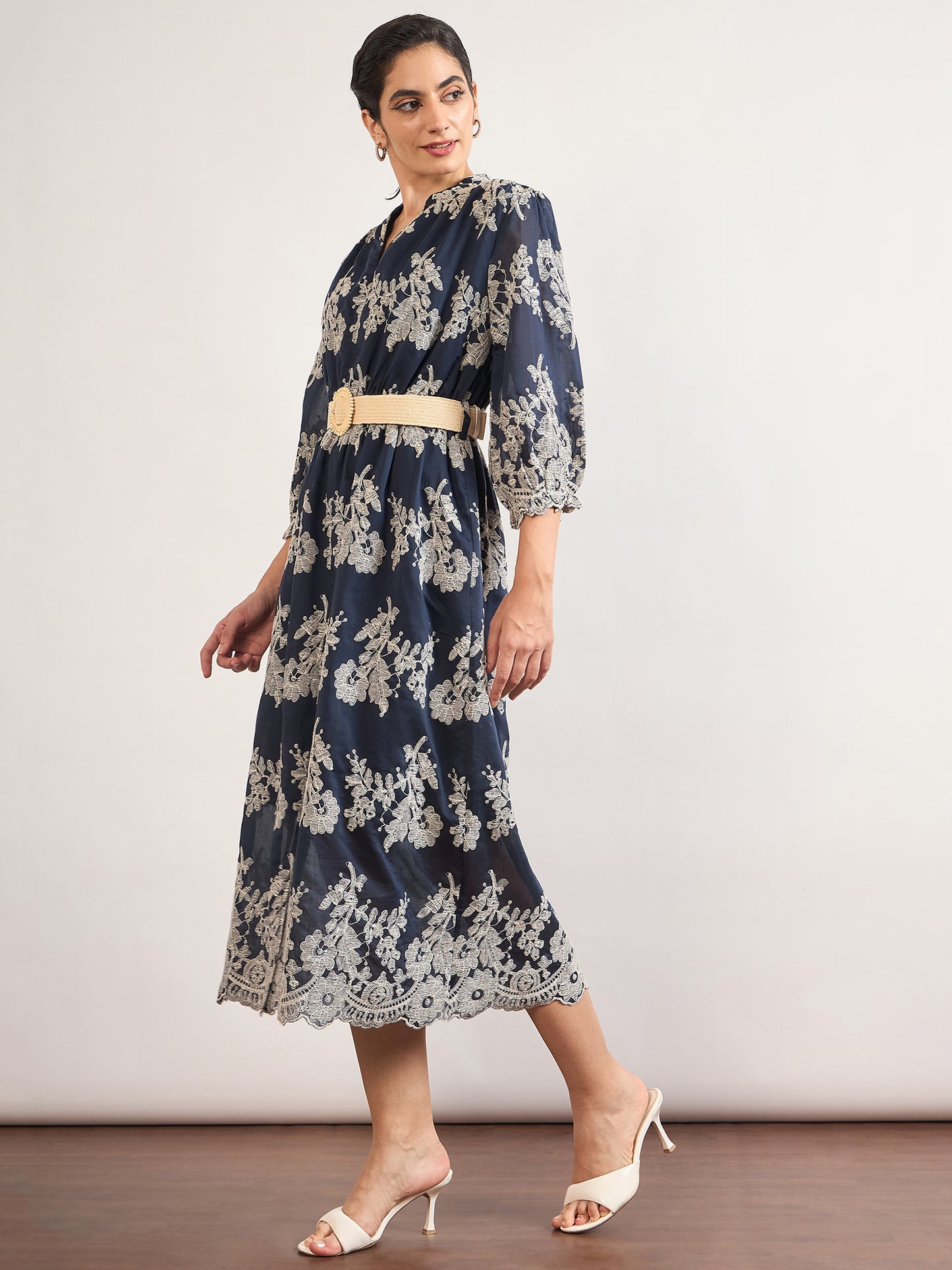 Navy Nylon Viscose A-Line Embroidery & Jute Belt Dress