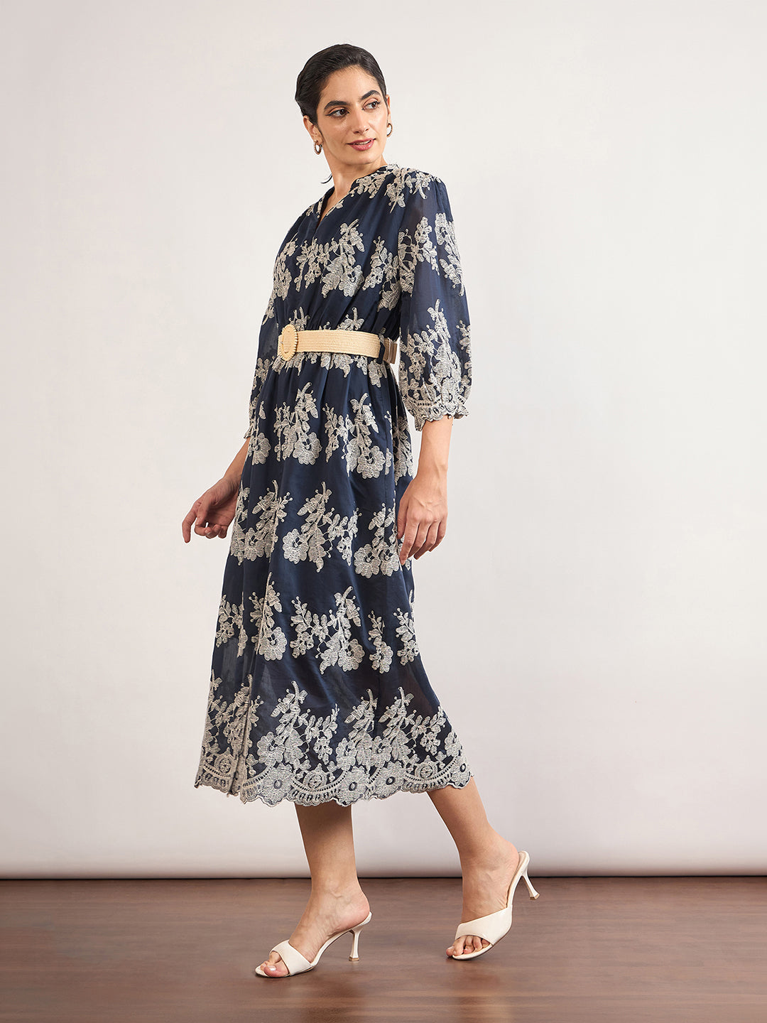 Navy Nylon Viscose A-Line Embroidery & Jute Belt Dress