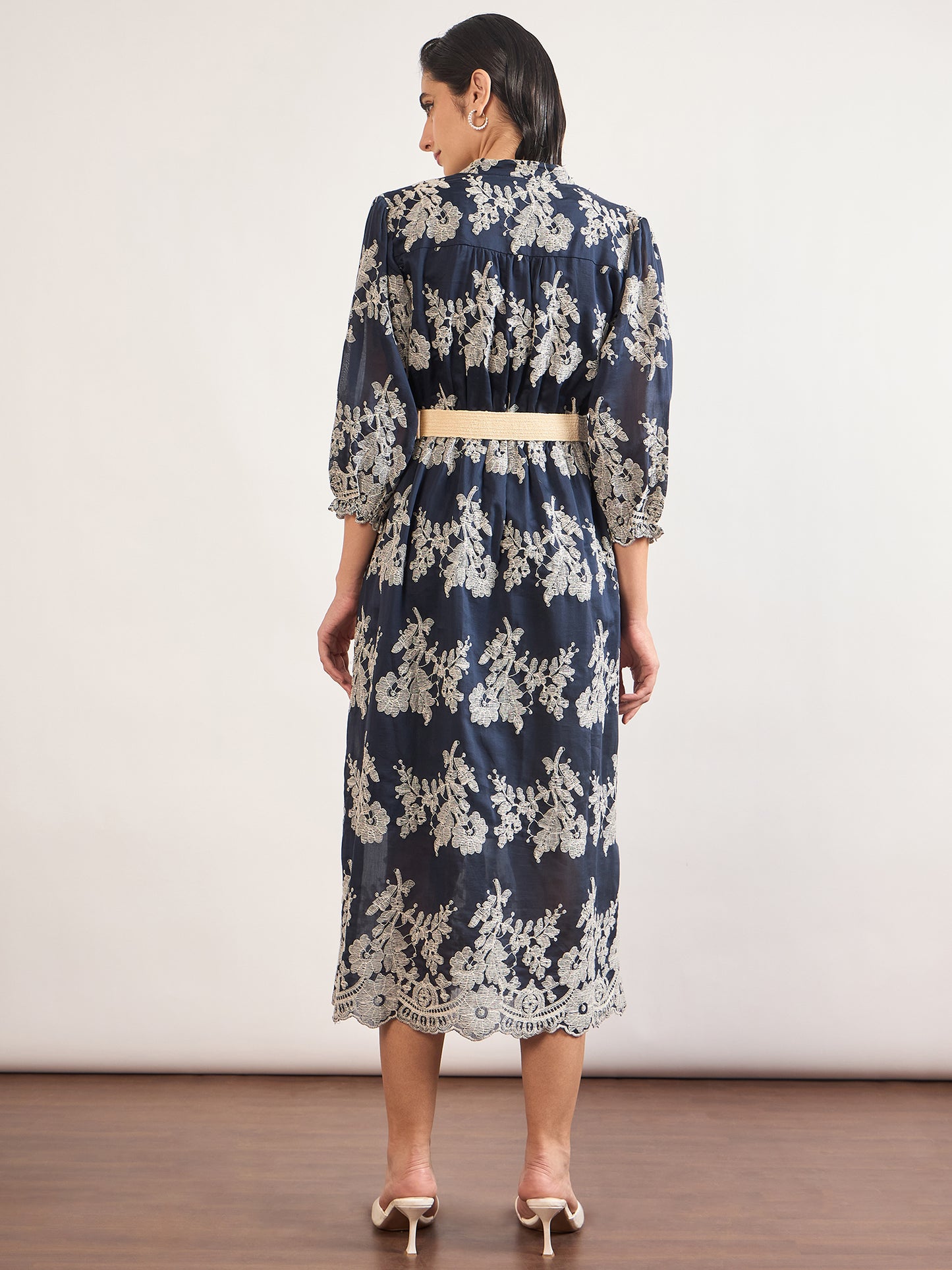 Navy Nylon Viscose A-Line Embroidery & Jute Belt Dress