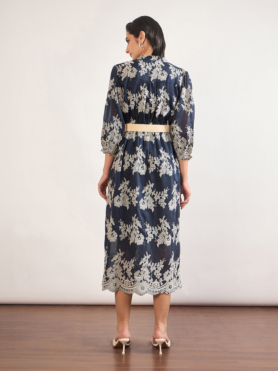 Navy Nylon Viscose A-Line Embroidery & Jute Belt Dress