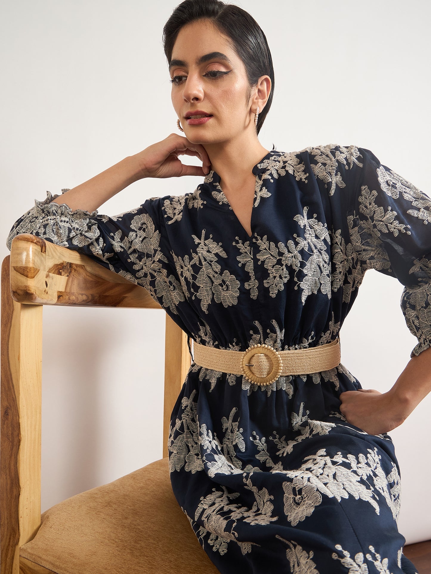 Navy Nylon Viscose A-Line Embroidery & Jute Belt Dress