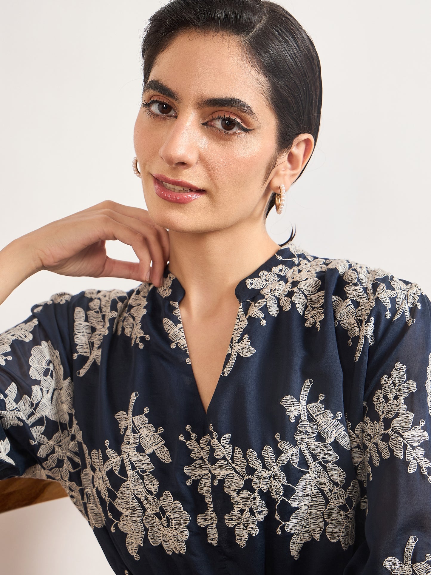 Navy Nylon Viscose A-Line Embroidery & Jute Belt Dress