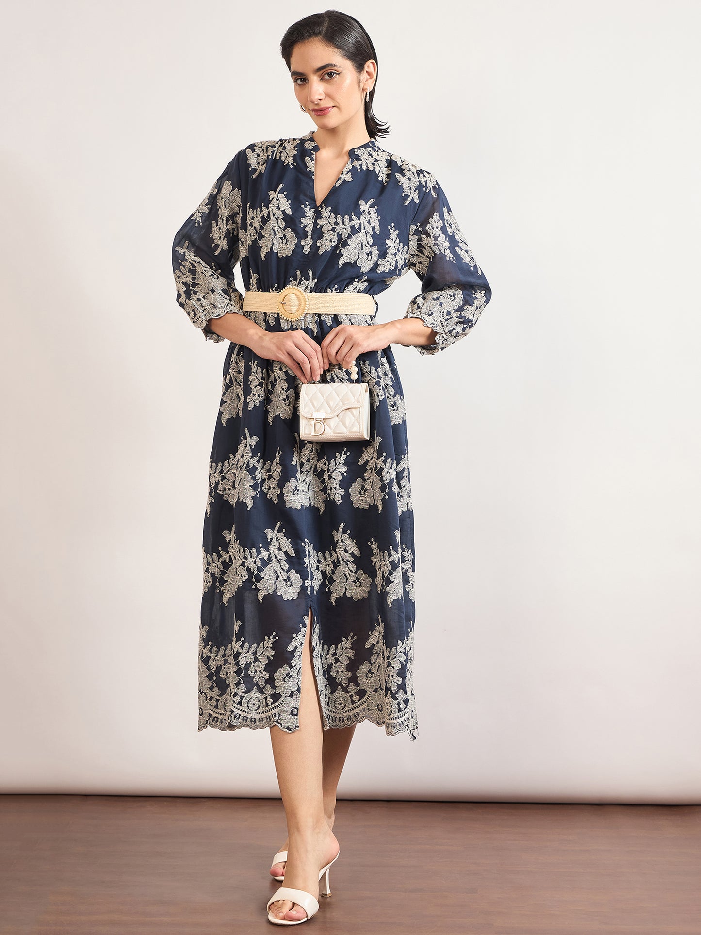 Navy Nylon Viscose A-Line Embroidery & Jute Belt Dress