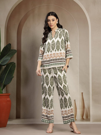 Gipsy Olive Linen Co-ord Set with Band Collar and Wide-Leg Pants