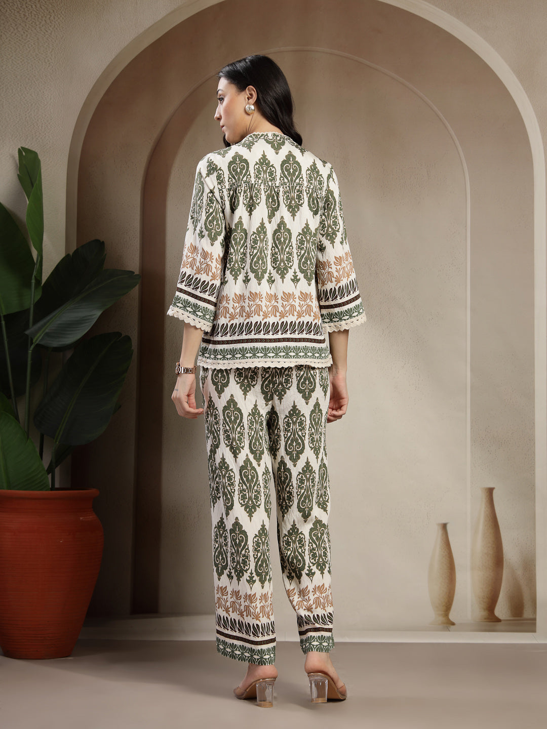 Gipsy Olive Linen Co-ord Set with Band Collar and Wide-Leg Pants