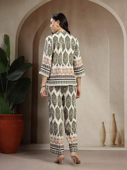 Gipsy Olive Linen Co-ord Set with Band Collar and Wide-Leg Pants