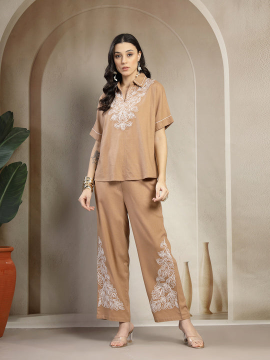 Gipsy Beige Linen Co-ord Set with Monotone Embroidery and Turn-Up Sleeves