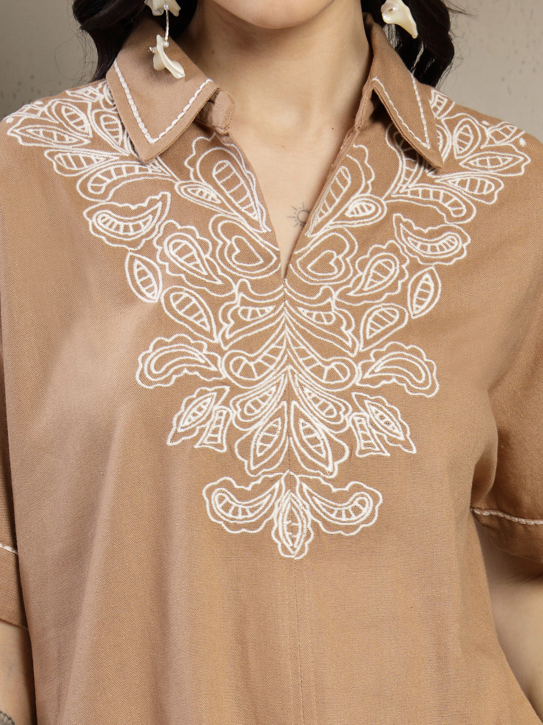 Gipsy Beige Linen Co-ord Set with Monotone Embroidery and Turn-Up Sleeves