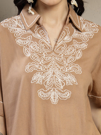 Gipsy Beige Linen Co-ord Set with Monotone Embroidery and Turn-Up Sleeves