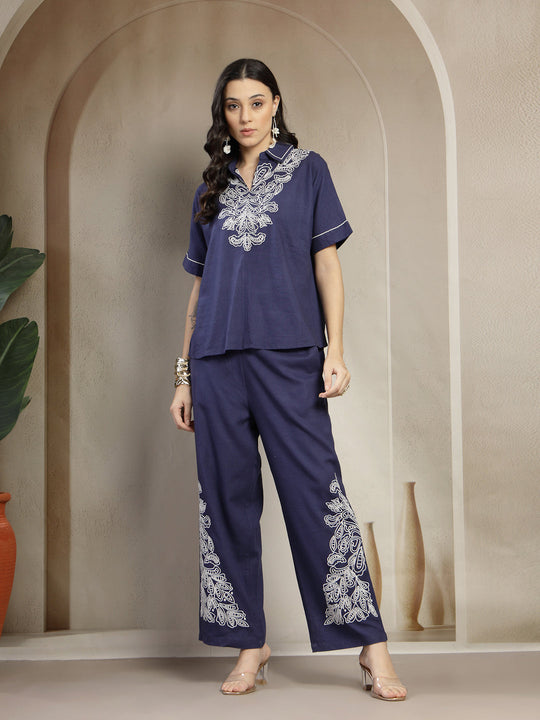 Gipsy Navy Linen Co-ord Set with Monotone Embroidery and Turn-Up Sleeves