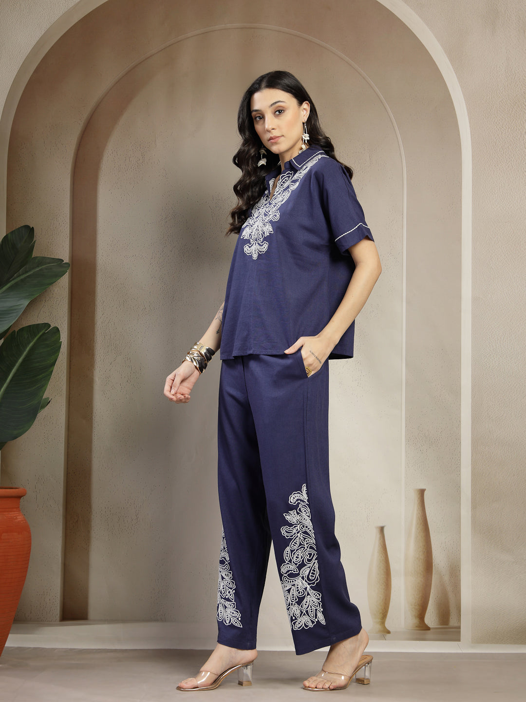 Gipsy Navy Linen Co-ord Set with Monotone Embroidery and Turn-Up Sleeves