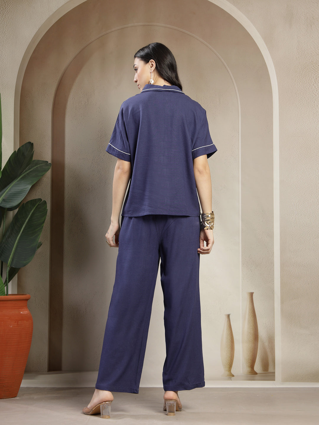 Gipsy Navy Linen Co-ord Set with Monotone Embroidery and Turn-Up Sleeves