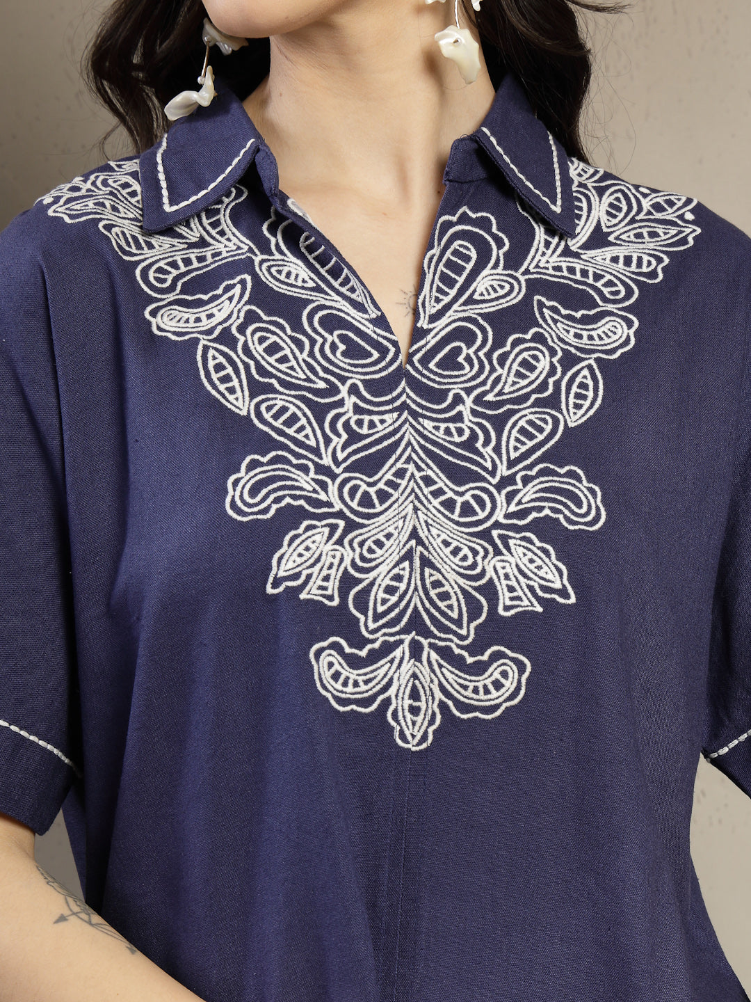 Gipsy Navy Linen Co-ord Set with Monotone Embroidery and Turn-Up Sleeves