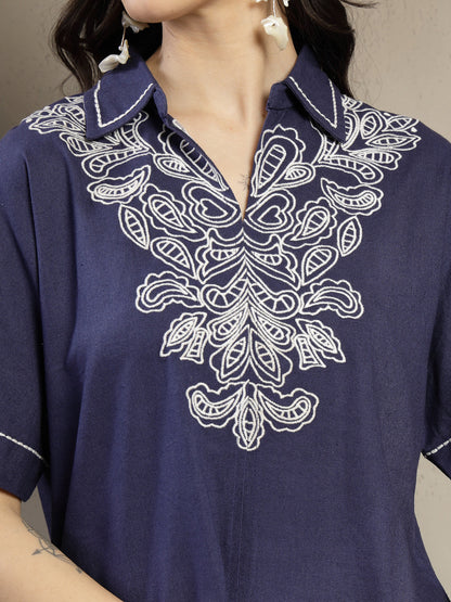 Gipsy Navy Linen Co-ord Set with Monotone Embroidery and Turn-Up Sleeves
