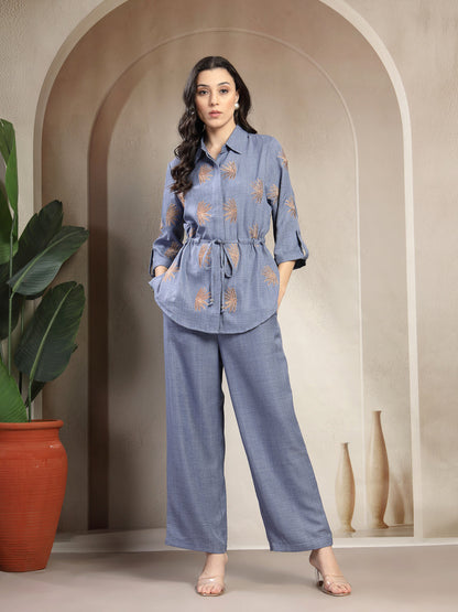 Gipsy Blue Embroidery Co-ord Set with Drawstring Waist