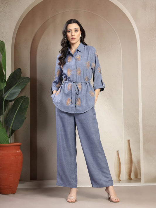 Gipsy Blue Embroidery Co-ord Set with Drawstring Waist