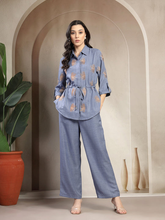 Gipsy Blue Embroidered Co-ord Set with Drawstring Waist