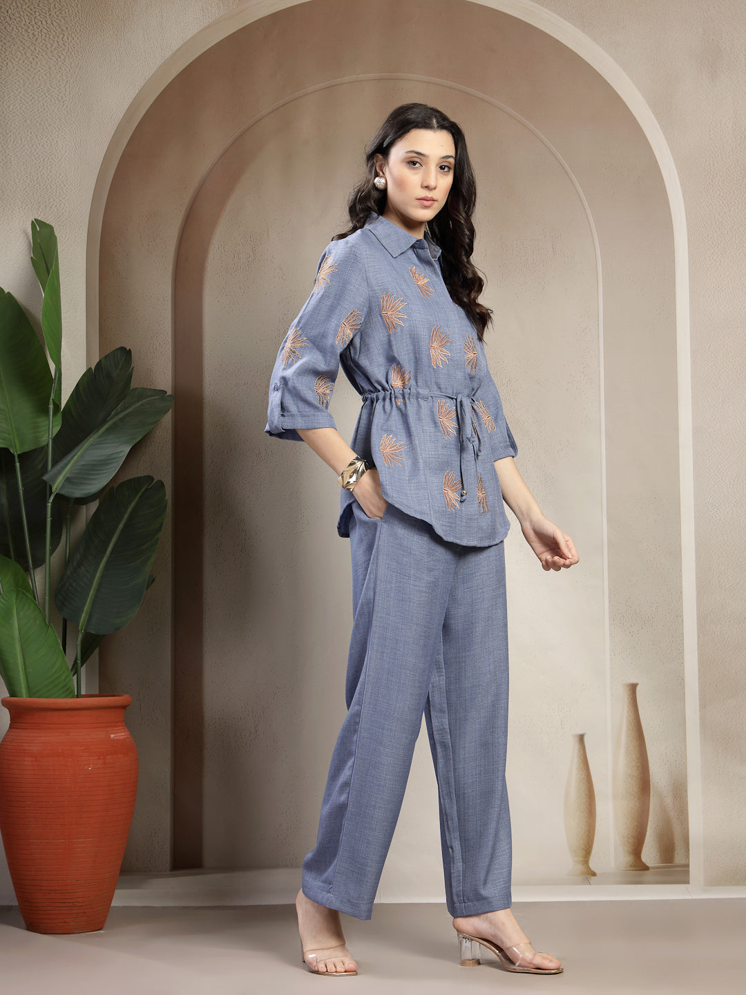 Gipsy Blue Embroidered Co-ord Set with Drawstring Waist
