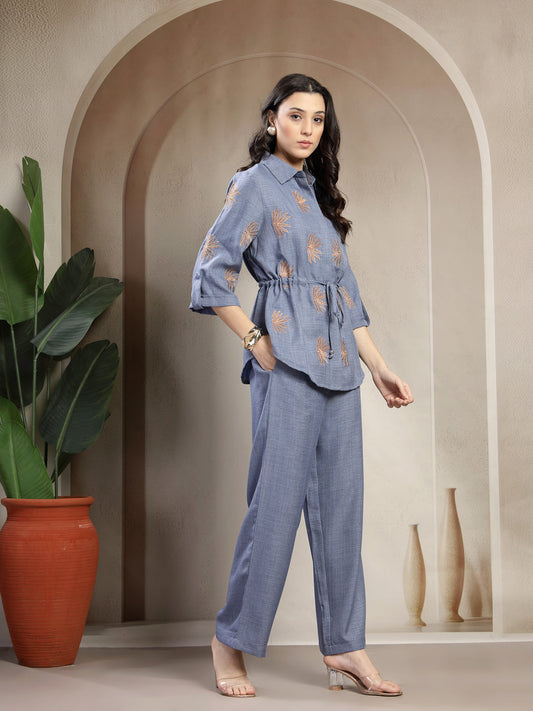 Gipsy Blue Embroidery Co-ord Set with Drawstring Waist