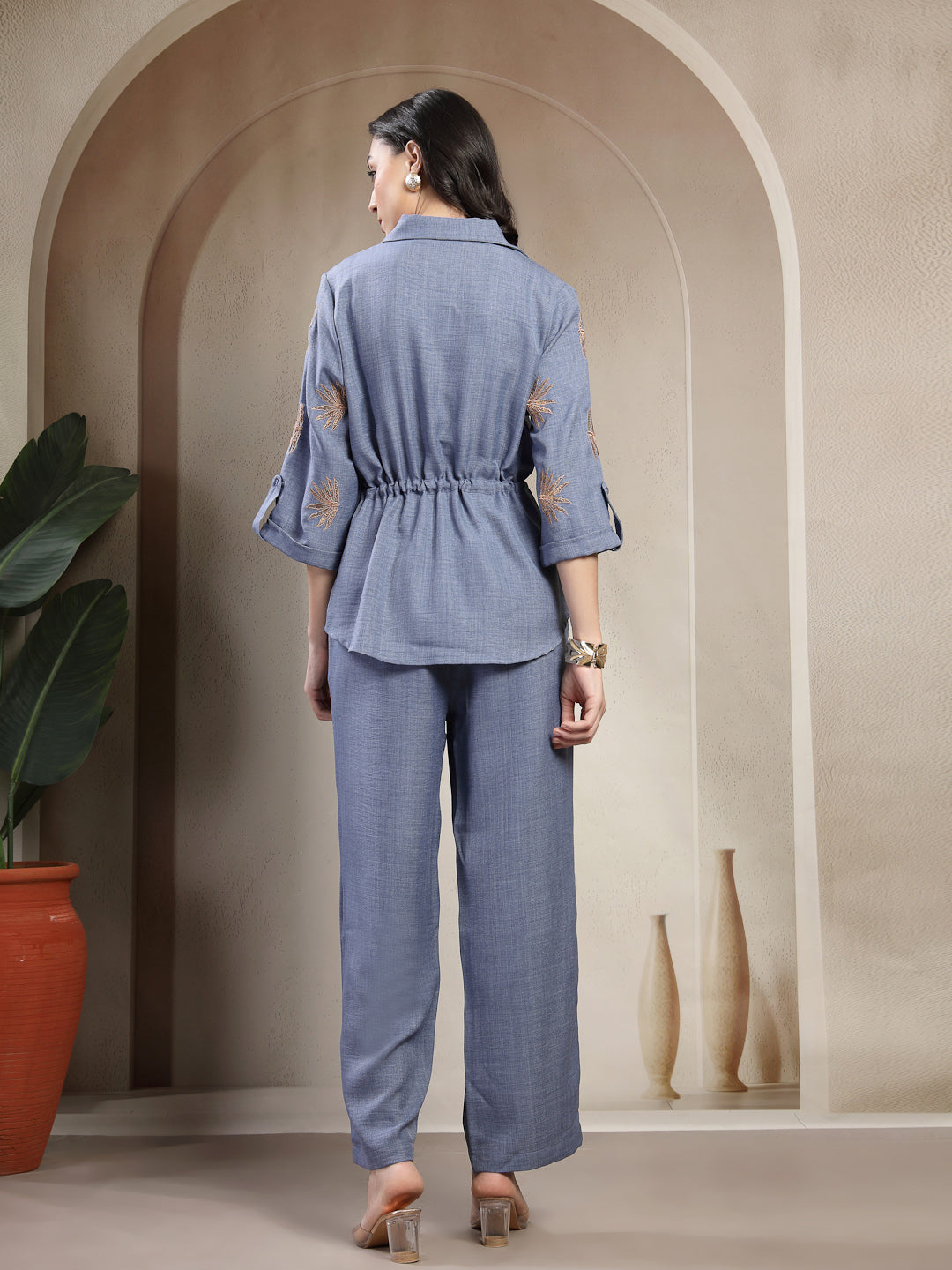Gipsy Blue Embroidered Co-ord Set with Drawstring Waist
